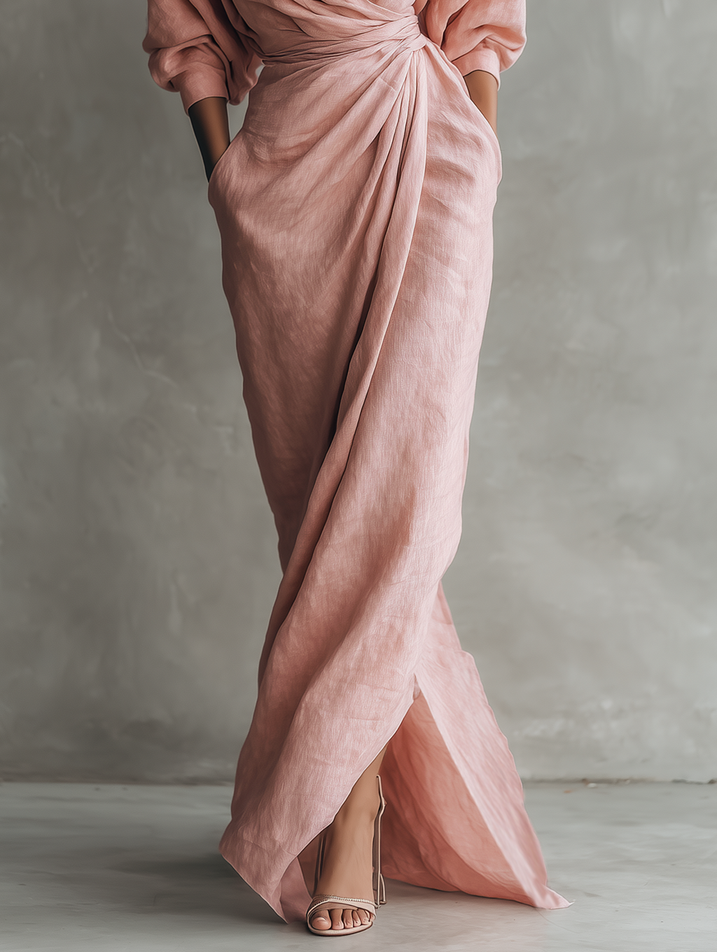 Abito Maxi in Lino Rosa con Scollatura a V