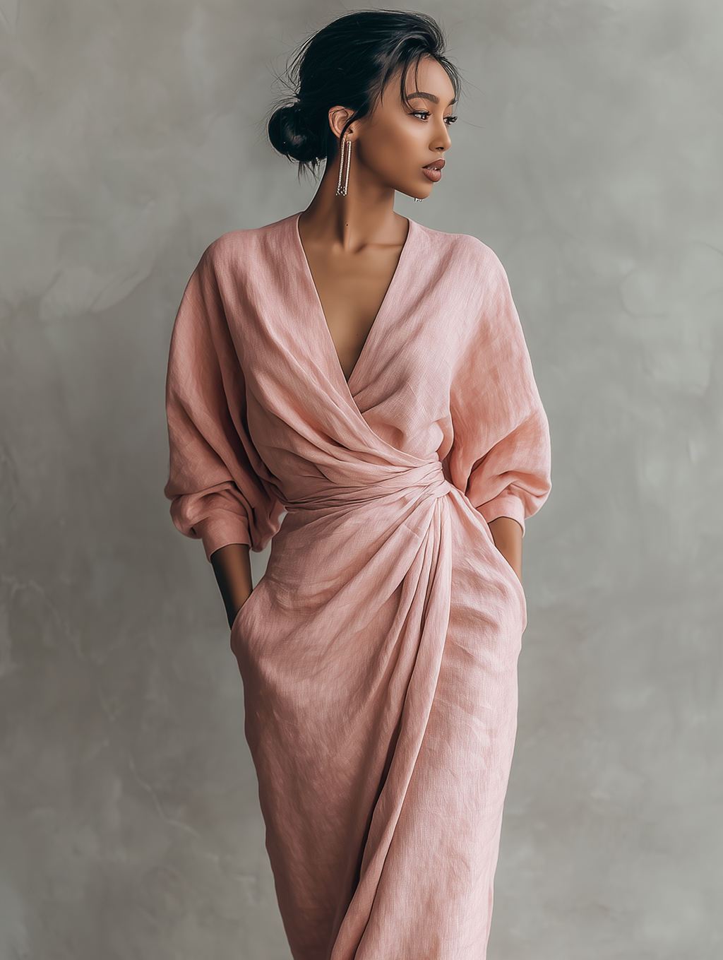 Abito Maxi in Lino Rosa con Scollatura a V