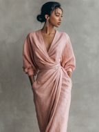 Abito Maxi in Lino Rosa con Scollatura a V
