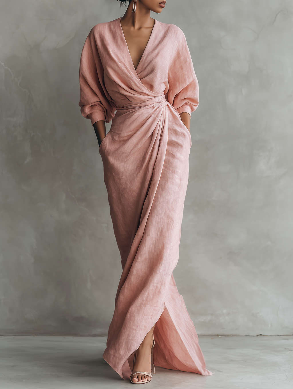 Abito Maxi in Lino Rosa con Scollatura a V