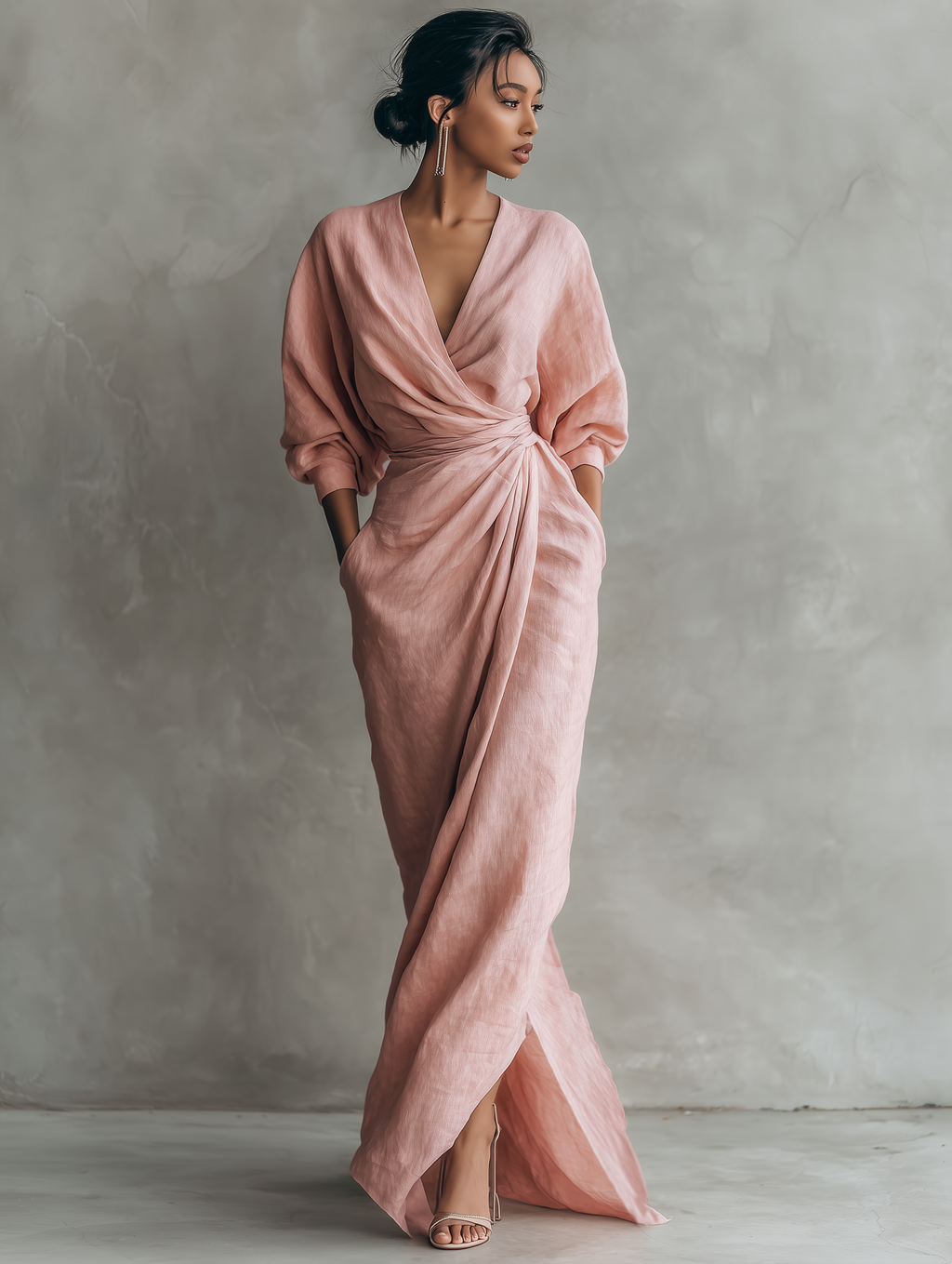 Abito Maxi in Lino Rosa con Scollatura a V