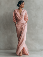 Abito Maxi in Lino Rosa con Scollatura a V