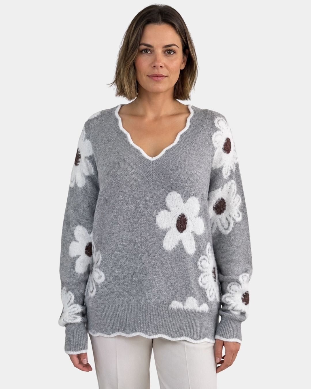 PAULA | MAGLIONE FLORALE ELEGANTE CON COLLO A V