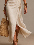 Clémence | Abito Midi in Lino Naturale con Scollo Incrociato e Pizzo