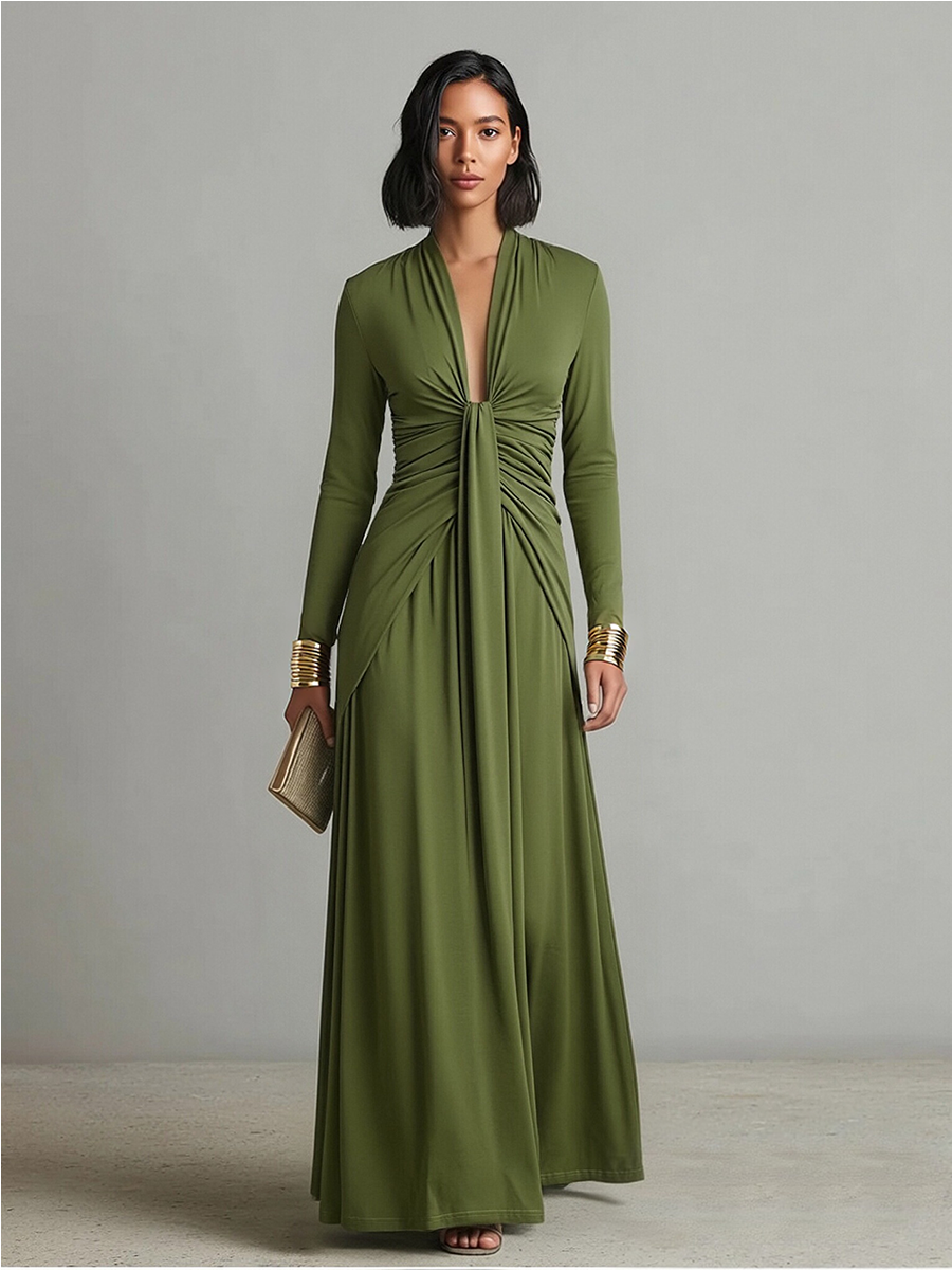 Abito Maxi in Seta Verde Oliva con Scollatura a V