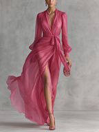 Abito in Chiffon Rosa con Scollatura a V