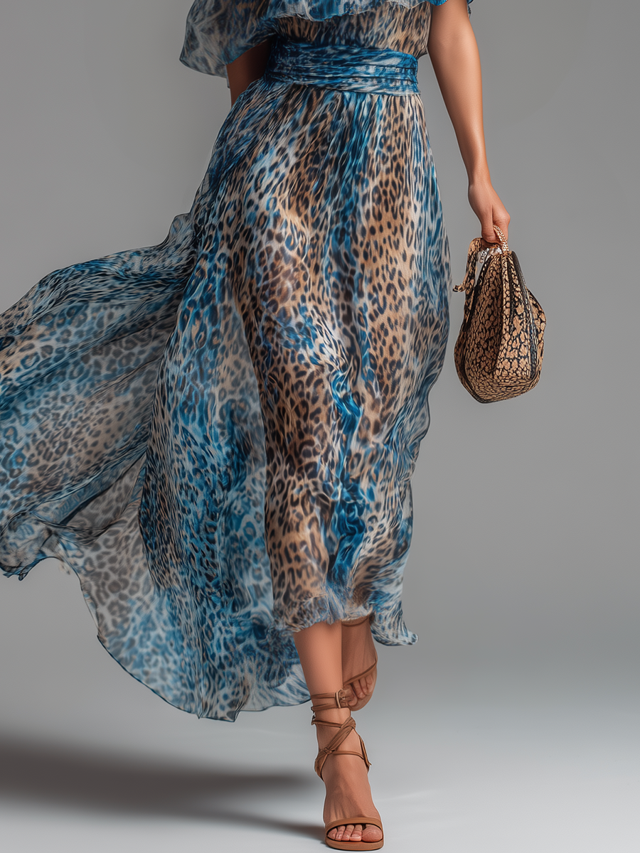 Sauvage | Abito lungo in mousseline con stampa leopardata e spalle scoperte