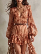 Clémence | Mini Abito Maniche Lunghe, Collo a V, Stampa Floreale Terracotta