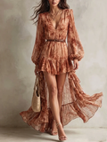 Clémence | Mini Abito Maniche Lunghe, Collo a V, Stampa Floreale Terracotta