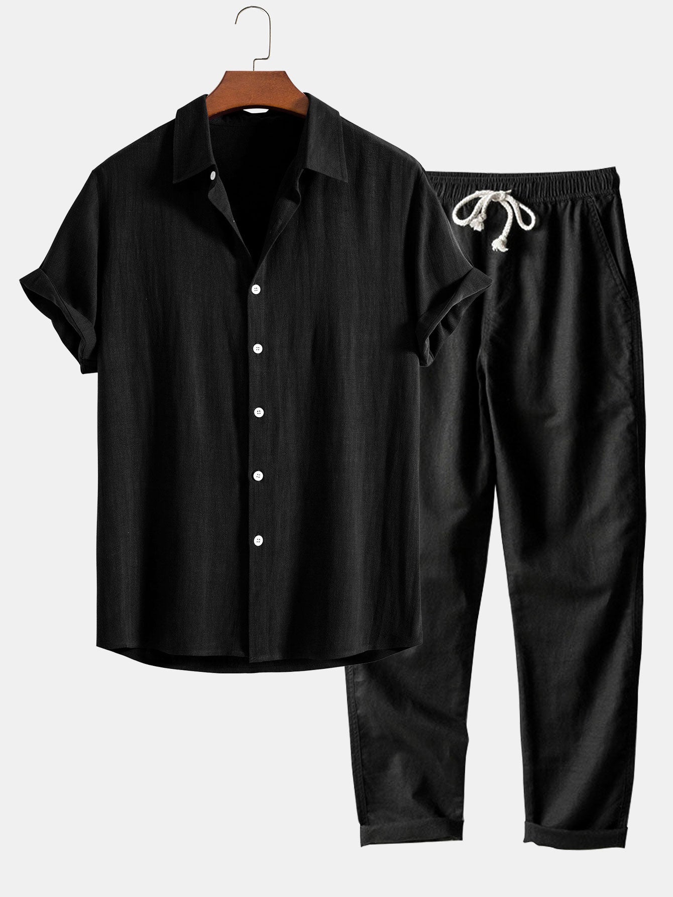Camicia in Mischia di Lino e Viscosa con Bottoni & Pantaloni in Lino a Gamba Dritta