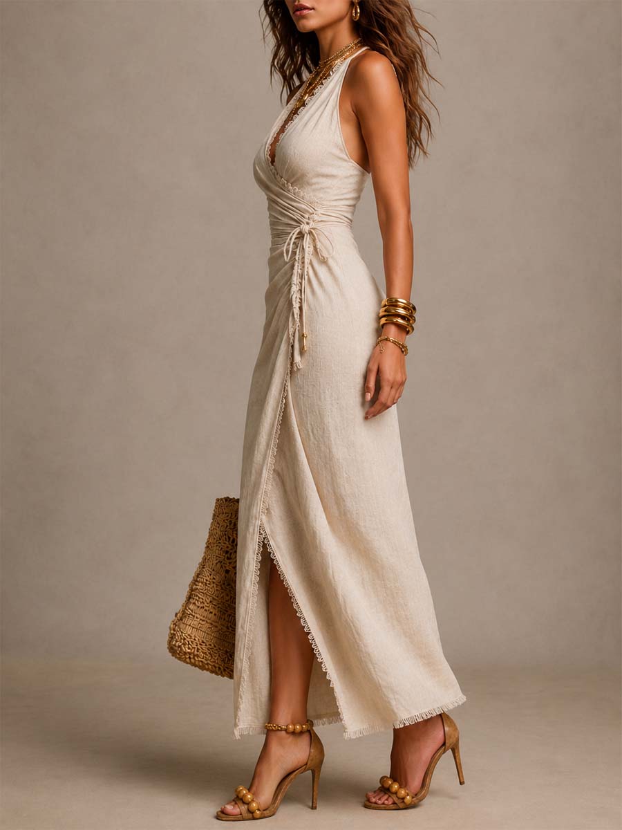 Clémence | Abito Midi in Lino Naturale con Scollo Incrociato e Pizzo