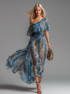 Sauvage | Abito lungo in mousseline con stampa leopardata e spalle scoperte