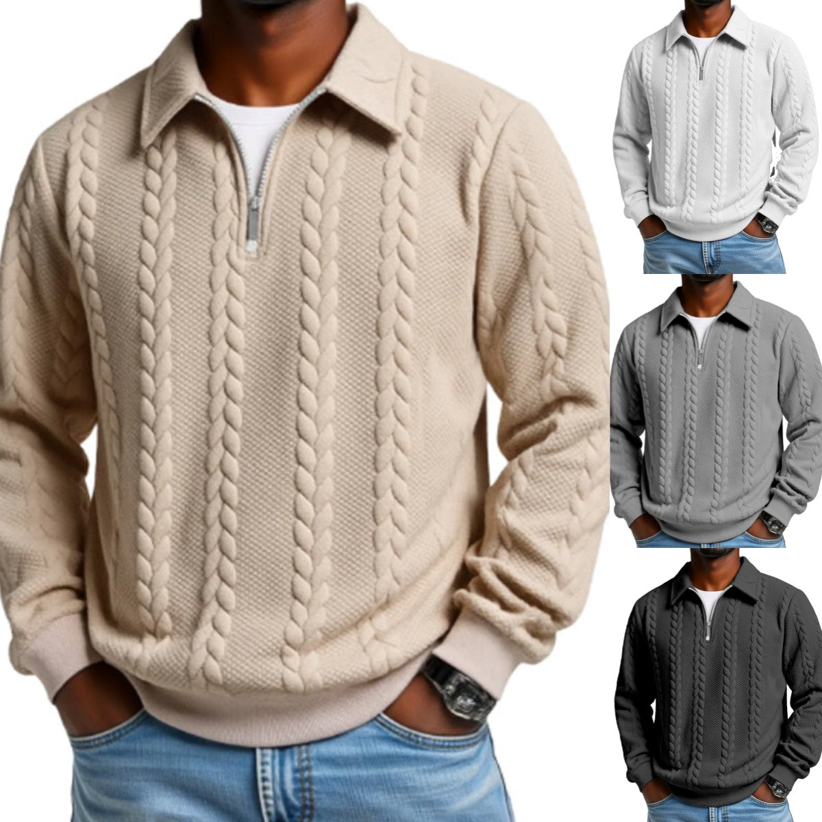 Maglione Classico da Uomo con Mezza Zip - Maglione a Maglia con Motivo a Treccia