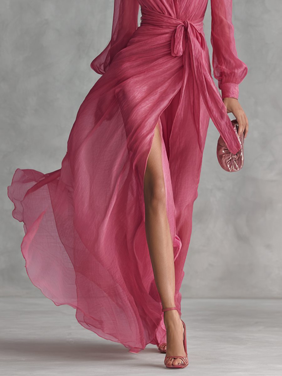 Abito in Chiffon Rosa con Scollatura a V
