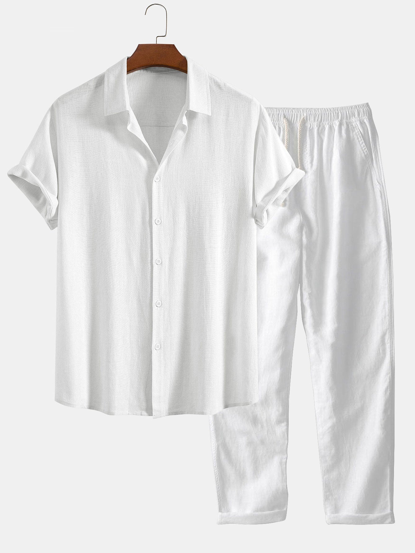 Camicia in Mischia di Lino e Viscosa con Bottoni & Pantaloni in Lino a Gamba Dritta