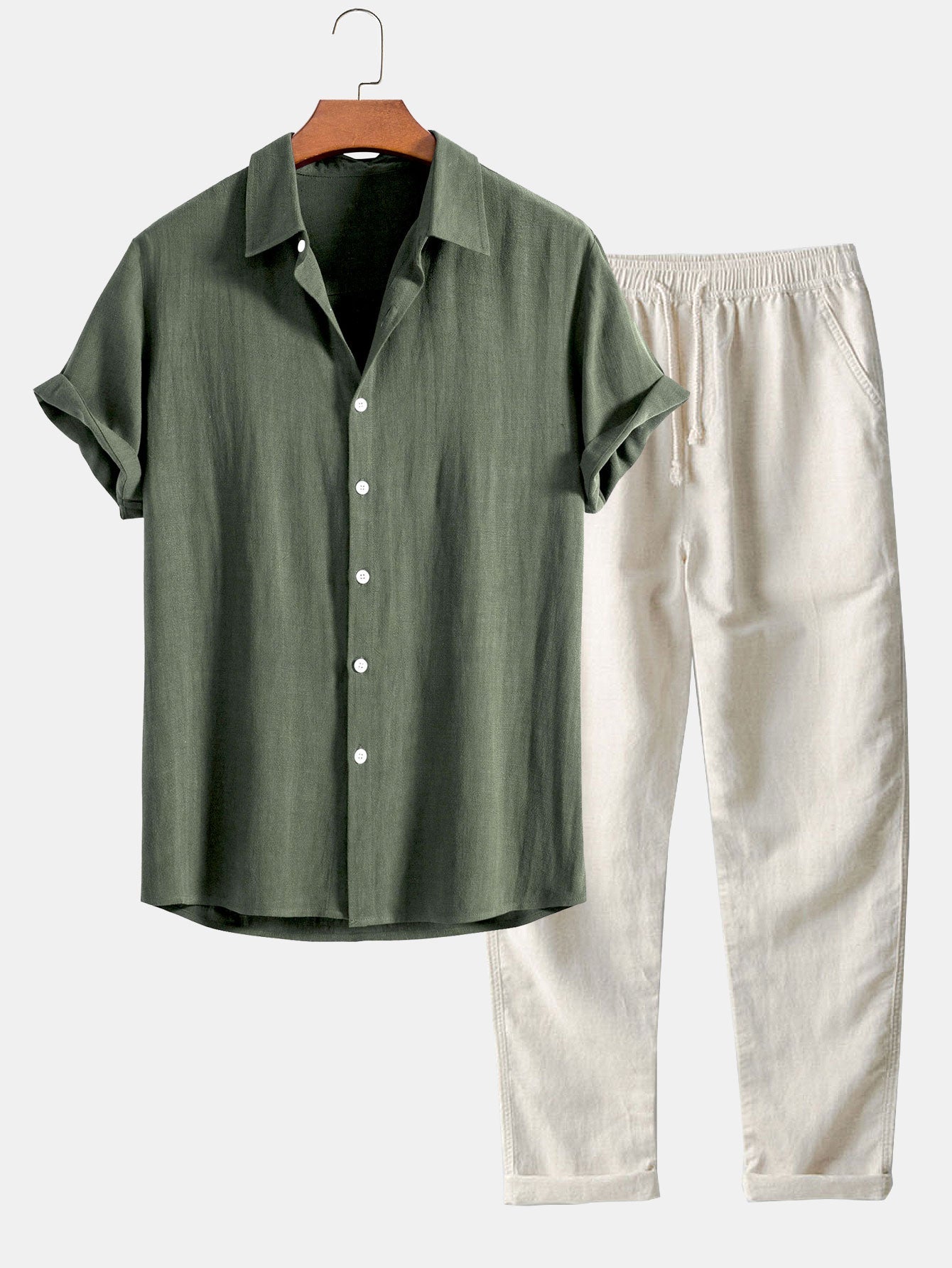 Camicia in Mischia di Lino e Viscosa con Bottoni & Pantaloni in Lino a Gamba Dritta
