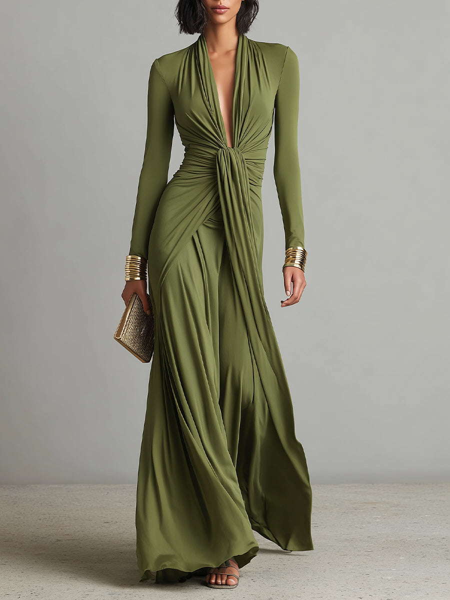 Abito Maxi in Seta Verde Oliva con Scollatura a V