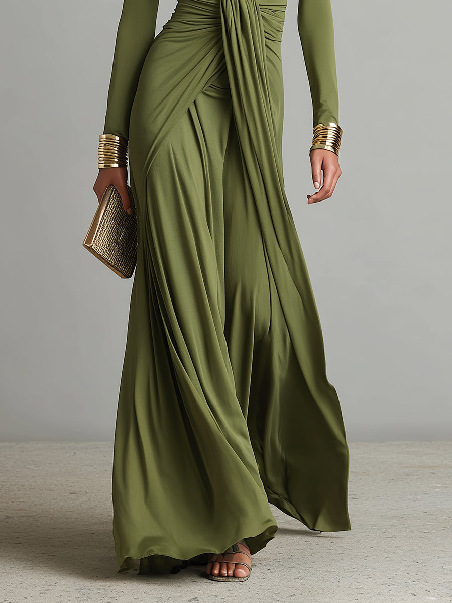 Abito Maxi in Seta Verde Oliva con Scollatura a V