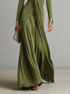 Abito Maxi in Seta Verde Oliva con Scollatura a V