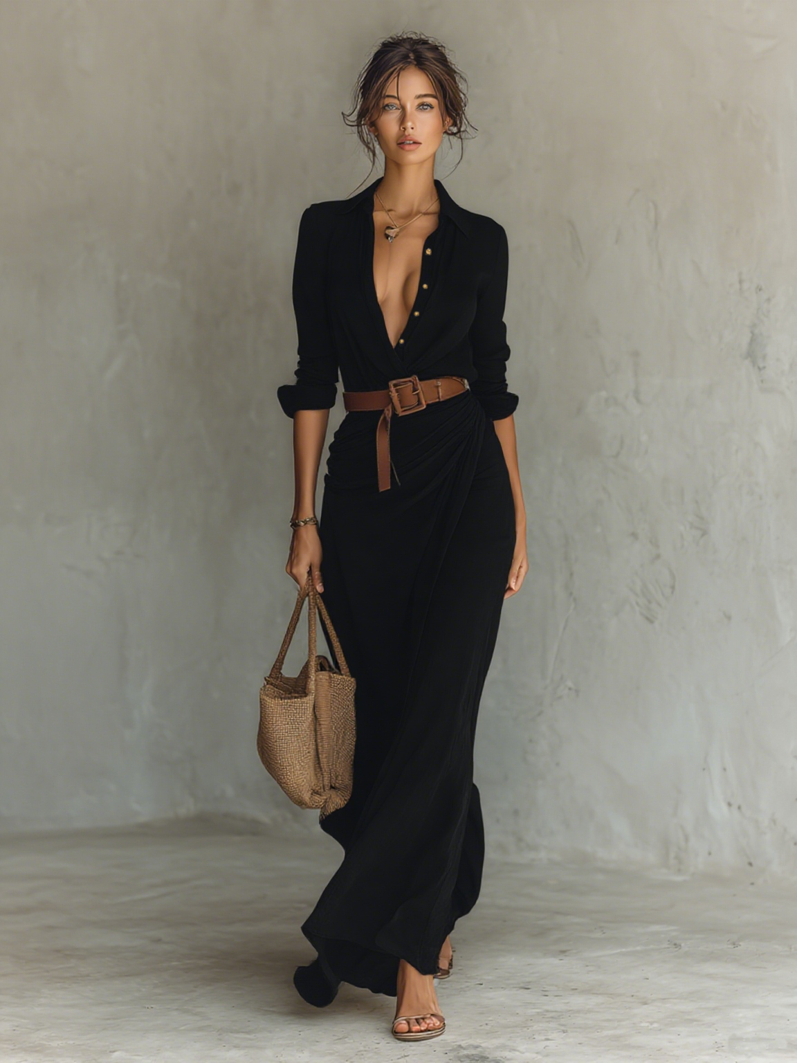 Maxi abito con colletto a revers e maniche lunghe