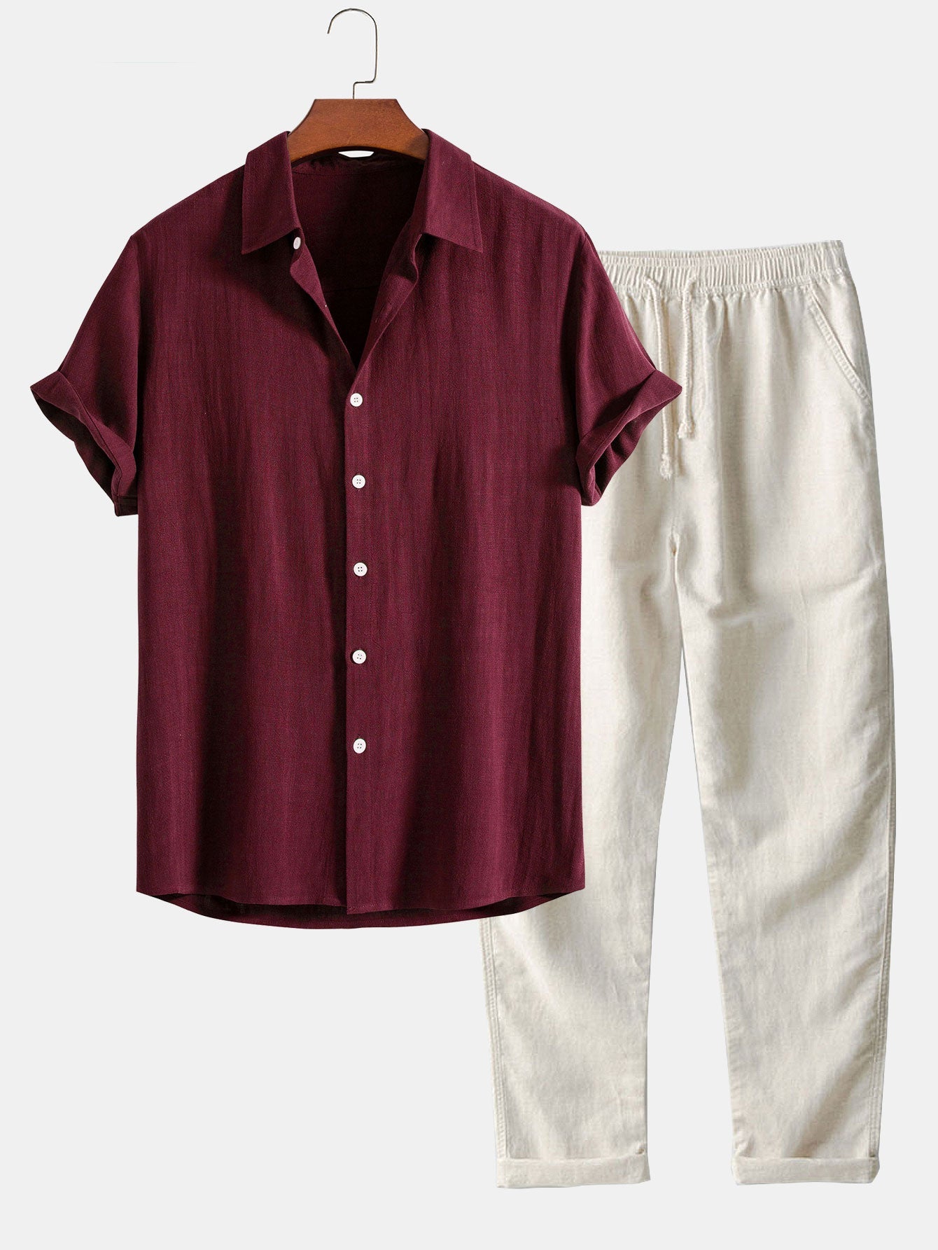 Camicia in Mischia di Lino e Viscosa con Bottoni & Pantaloni in Lino a Gamba Dritta