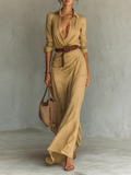 Maxi abito con colletto a revers e maniche lunghe
