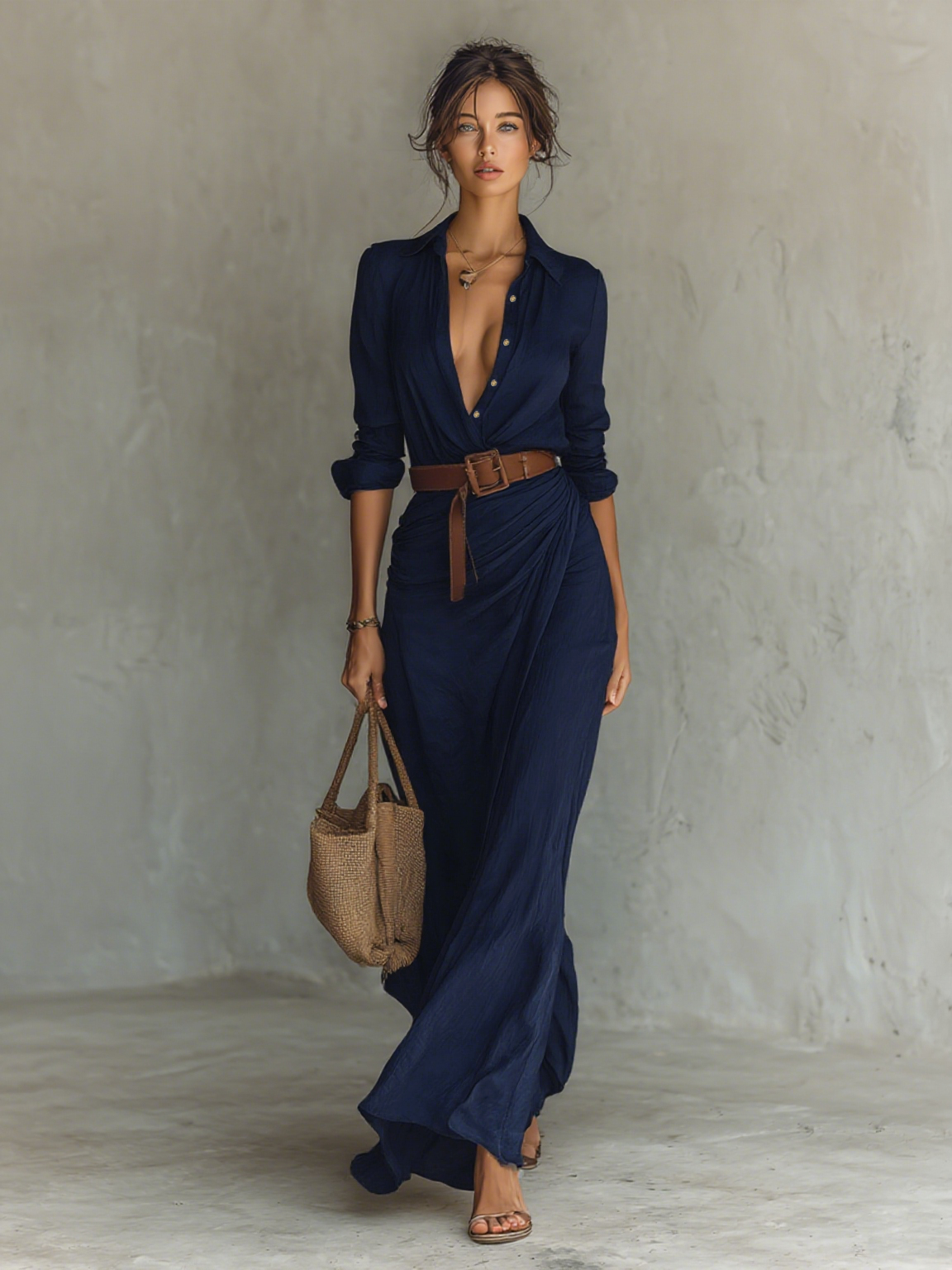 Audrey | Abito Maxi Cinturato con Maniche Lunghe