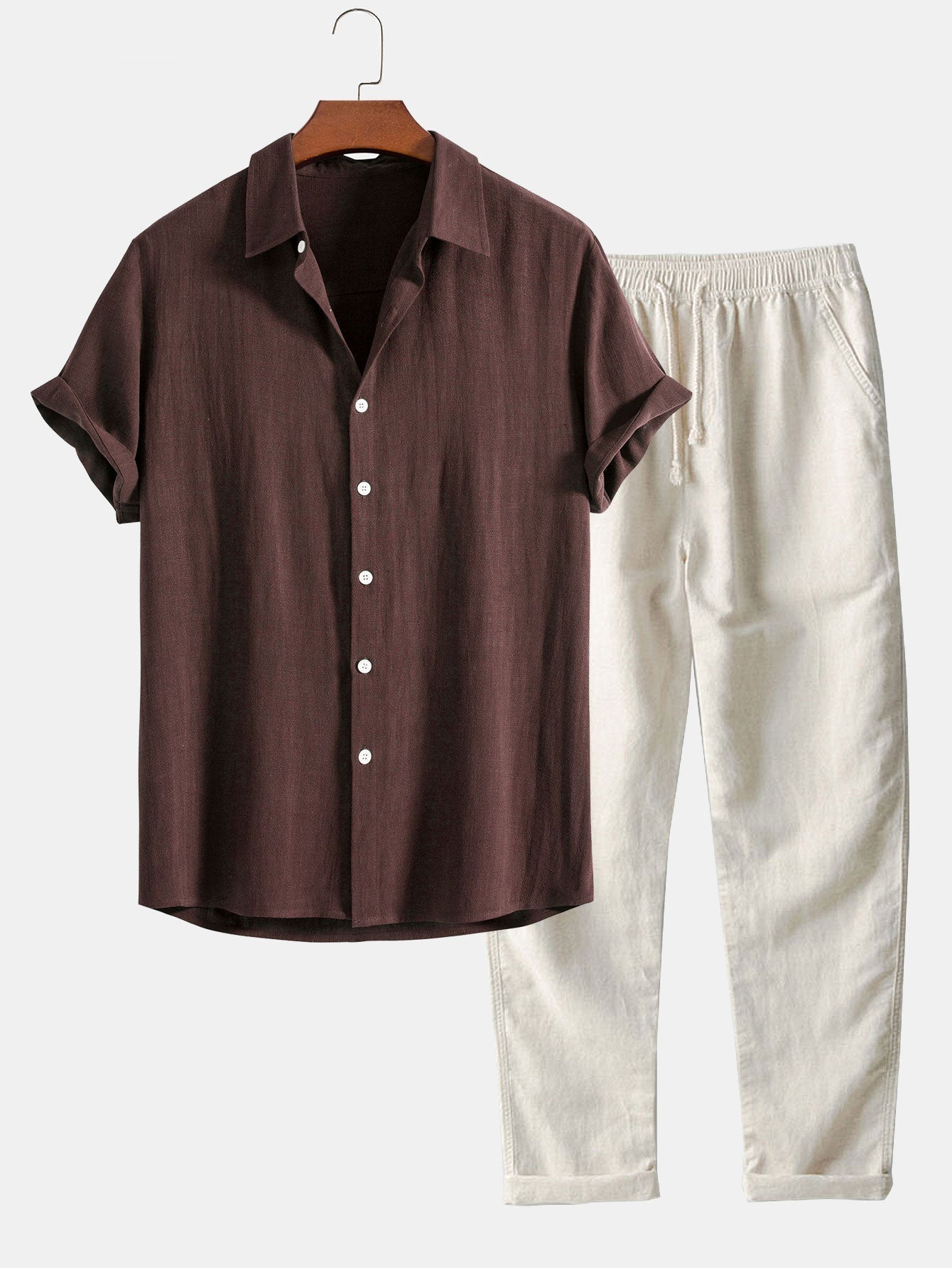 Camicia in Mischia di Lino e Viscosa con Bottoni & Pantaloni in Lino a Gamba Dritta
