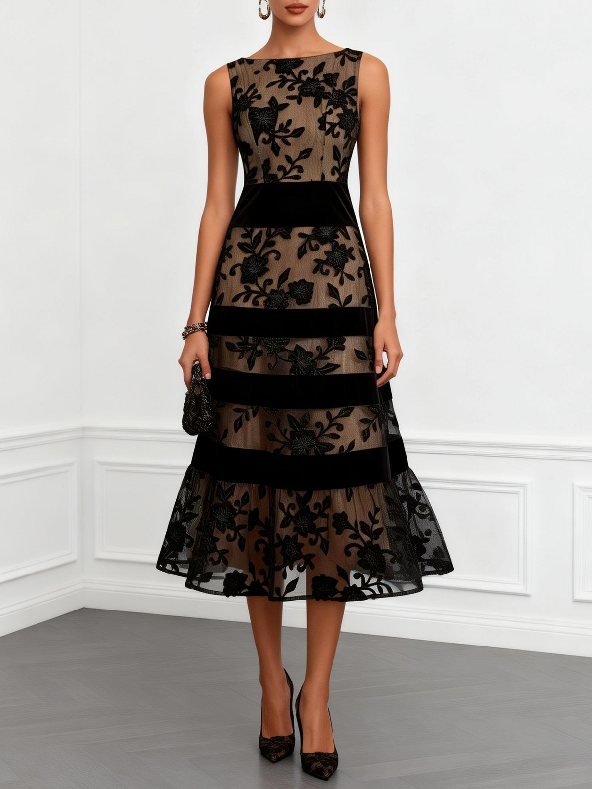 Solène | Abito midi a trapezio in tulle nero con stampa floreale e senza maniche