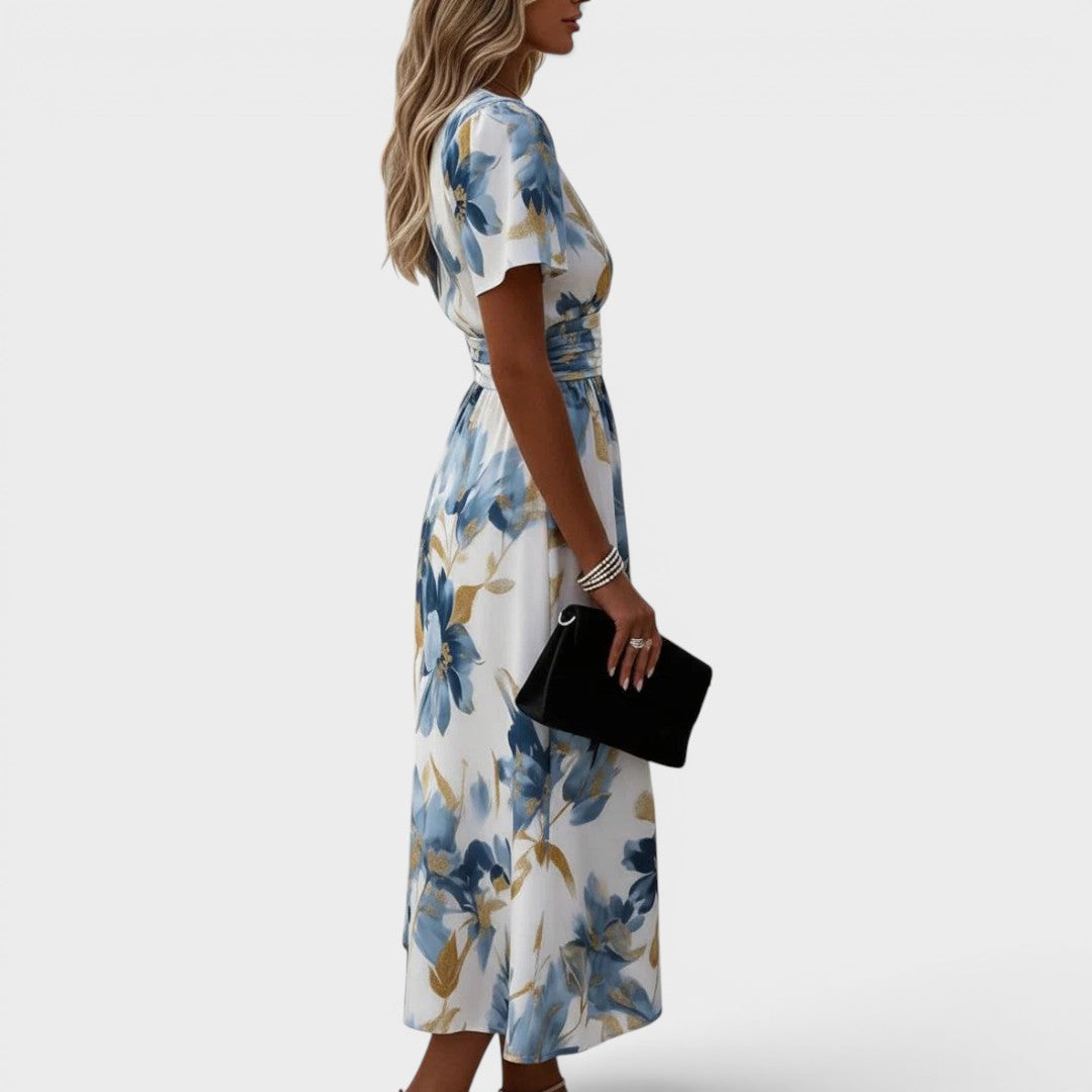 Denise | Abito Midi Floreale Incrociato con Vita Arricciata