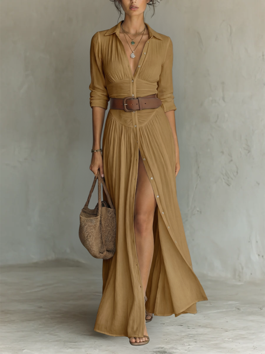 Abito Maxy in Lino con Collo Revers e Maniche Lunghe