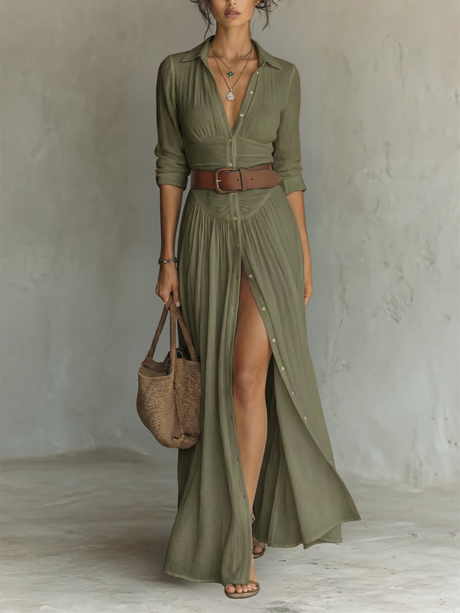 Abito Maxy in Lino con Collo Revers e Maniche Lunghe