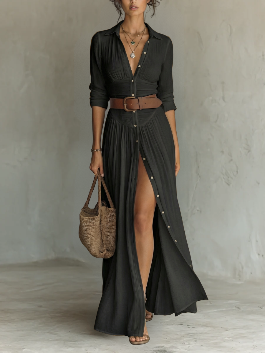 Abito Maxy in Lino con Collo Revers e Maniche Lunghe