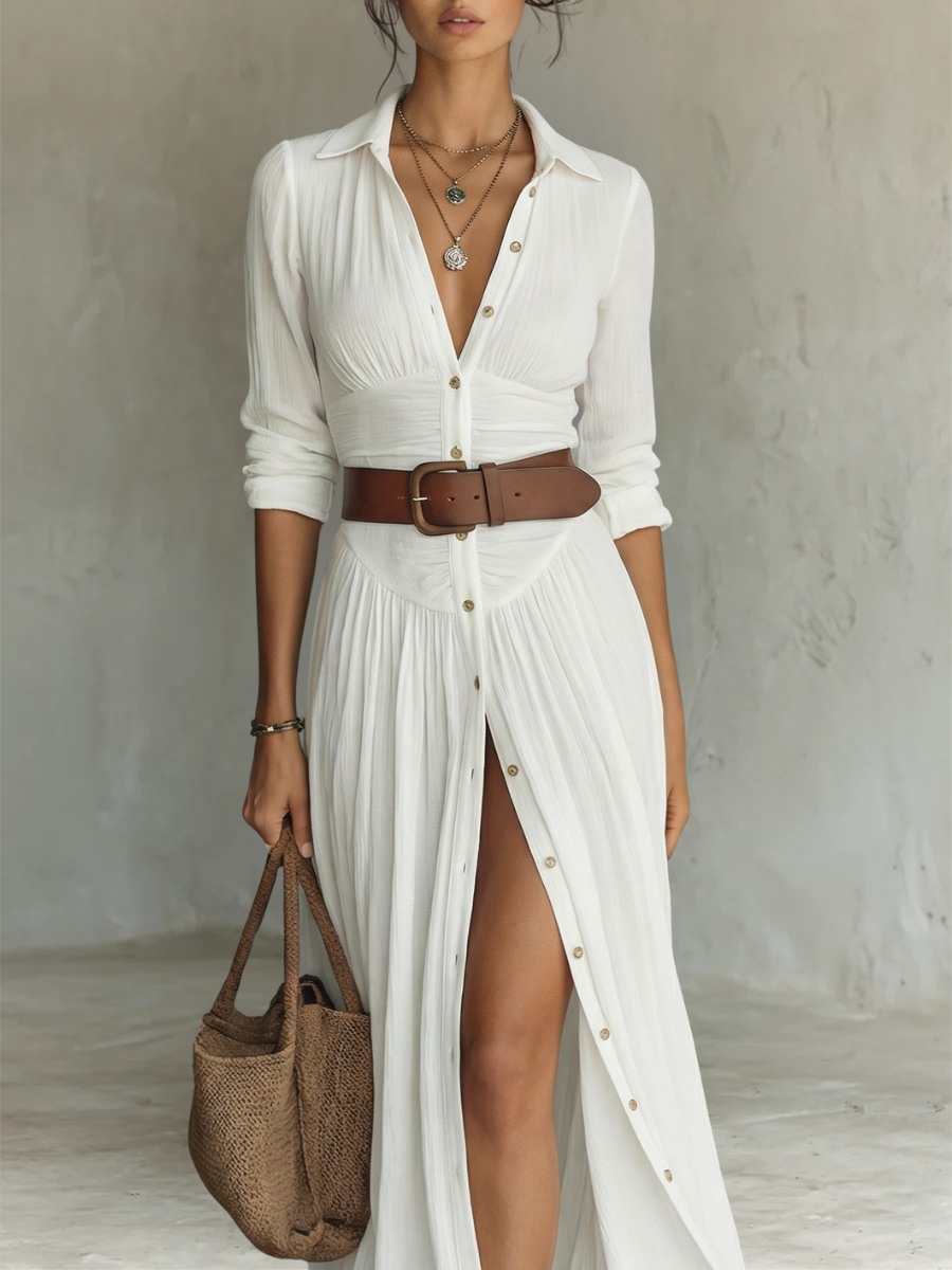 Abito Maxy in Lino con Collo Revers e Maniche Lunghe