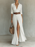 Abito Maxy in Lino con Collo Revers e Maniche Lunghe