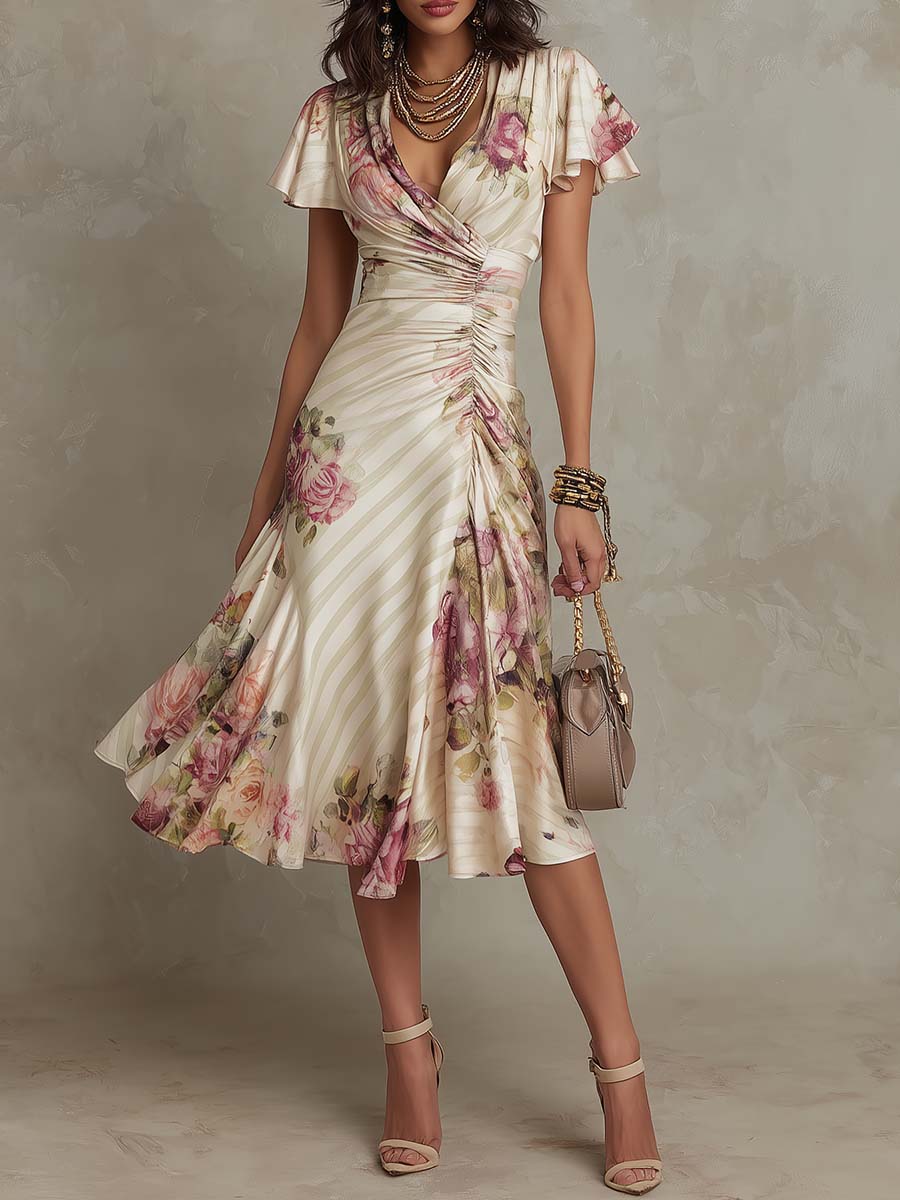 Alba | Abito midi a portafoglio arricciato con elegante stampa floreale