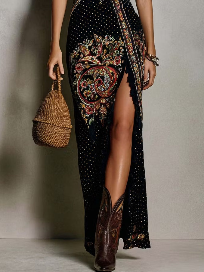 Victoire | Abito stampato in stile boho con scollatura profonda e spacco alto