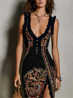Victoire | Abito stampato in stile boho con scollatura profonda e spacco alto