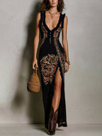 Victoire | Abito stampato in stile boho con scollatura profonda e spacco alto