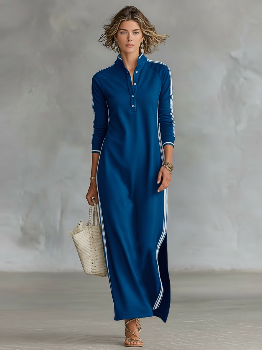 Abito Maxi in Felpa con Collo a Bottone