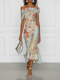 Victoire | Abito midi sirena con spalle scoperte e stampa floreale blu