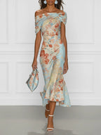 Victoire | Abito midi sirena con spalle scoperte e stampa floreale blu