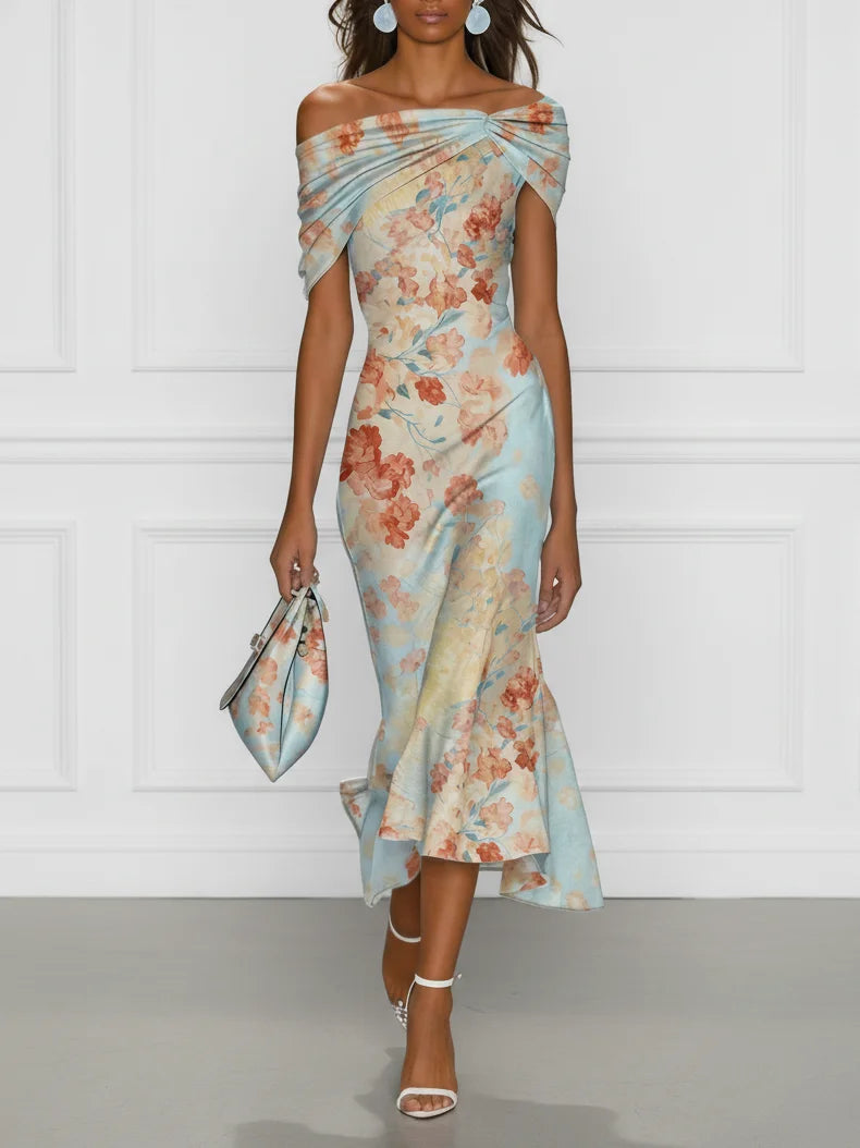 Victoire | Abito midi sirena con spalle scoperte e stampa floreale blu