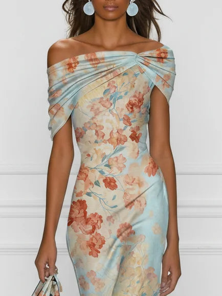 Victoire | Abito midi sirena con spalle scoperte e stampa floreale blu