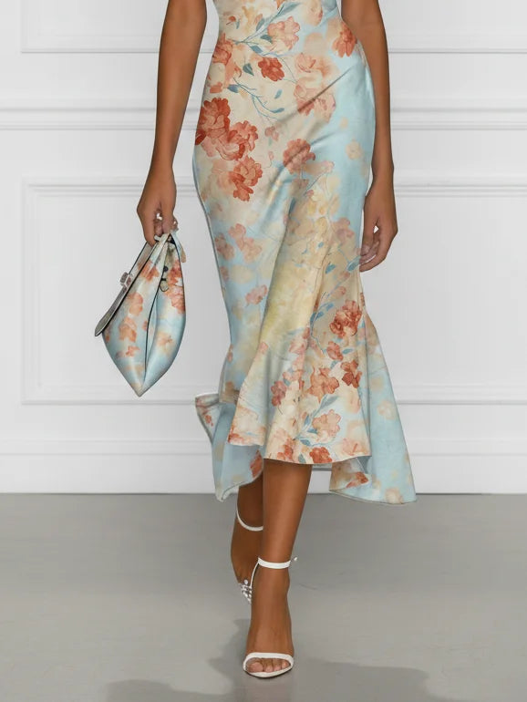 Victoire | Abito midi sirena con spalle scoperte e stampa floreale blu