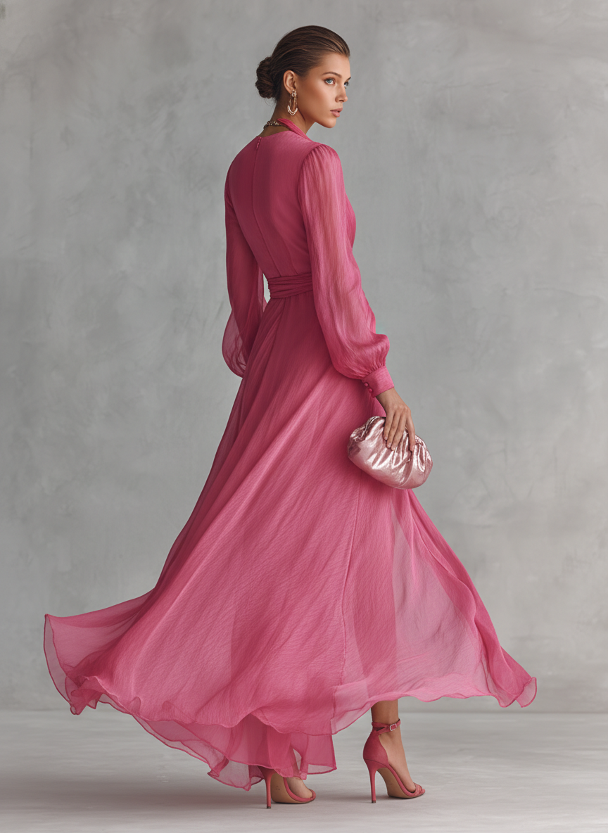 Abito in Chiffon Rosa con Scollatura a V