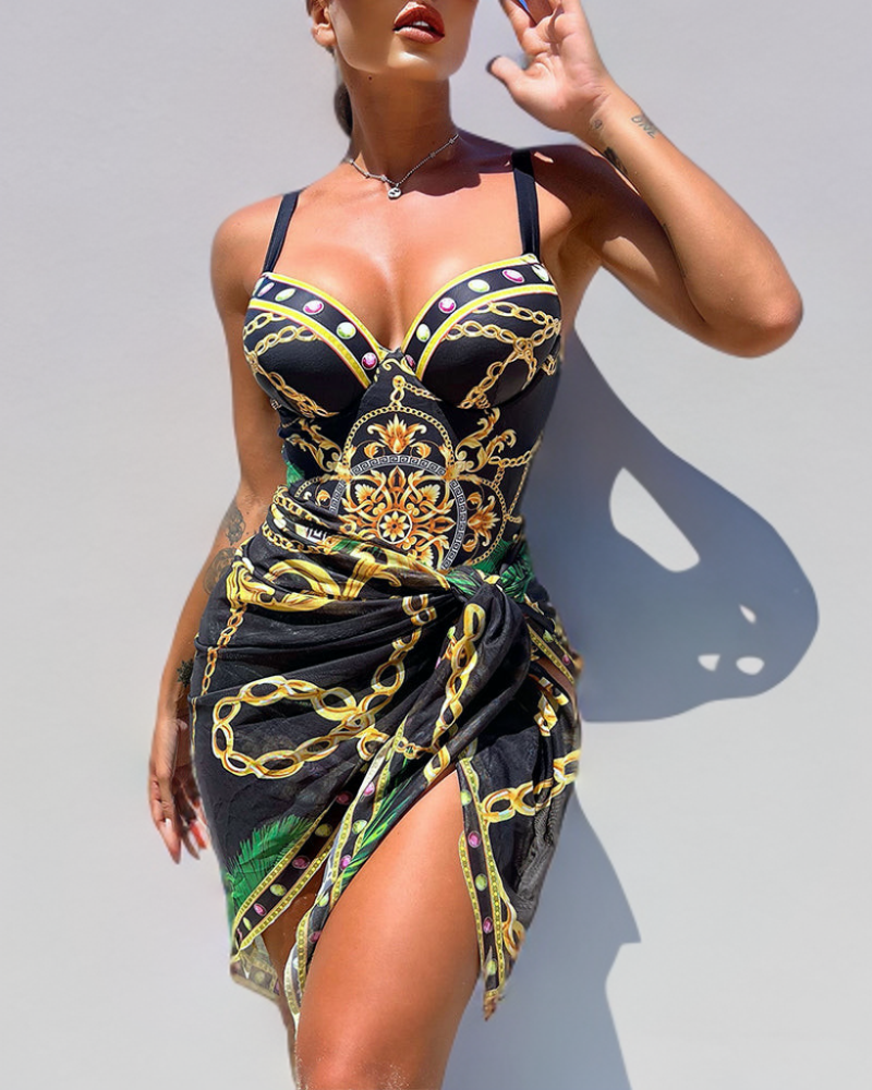 Darius – Costume da bagno intero con effetto push-up e gonna da spiaggia coordinata