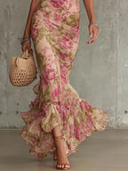 Florette | Abito maxi romantico con stampa di rose vintage e maniche a sbuffo