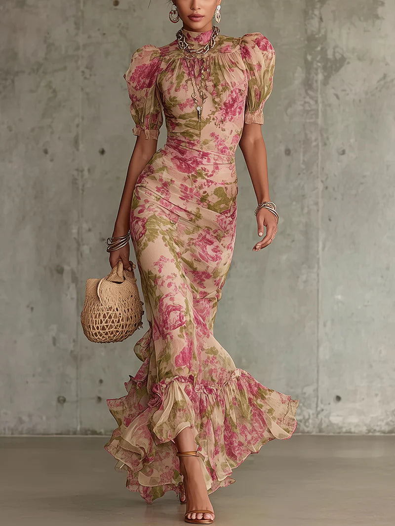 Florette | Abito maxi romantico con stampa di rose vintage e maniche a sbuffo