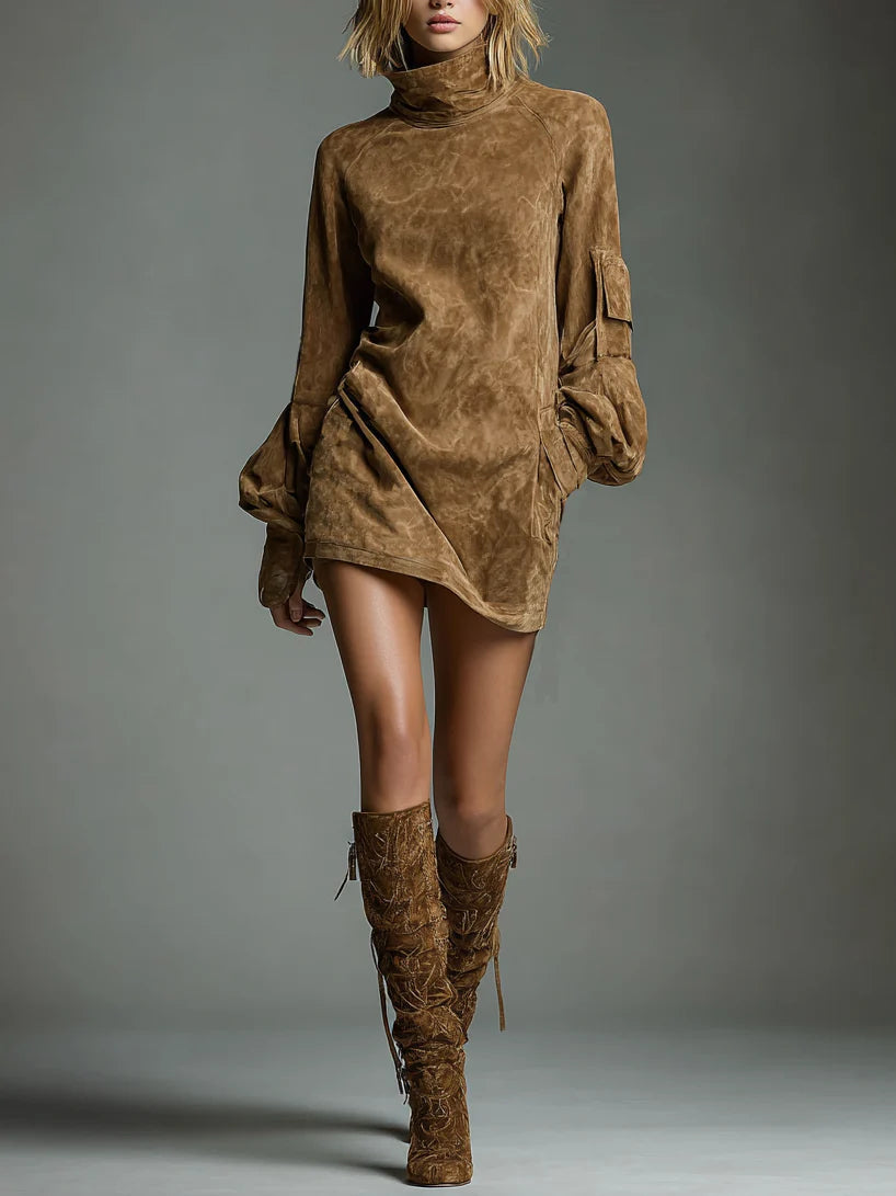 Romy | Abito Mini in Suedine Vintage con Collo Alto